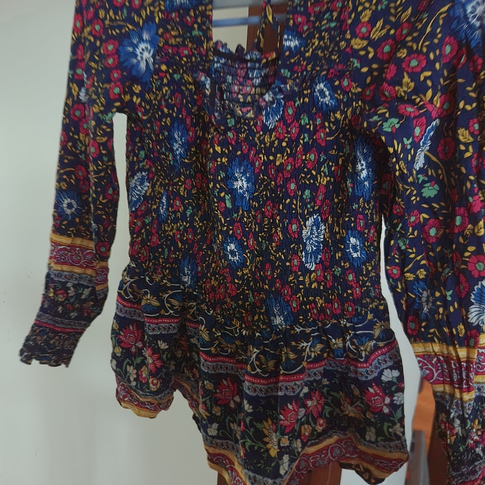 Boho Floral Peasant Blouse - Navy Multi